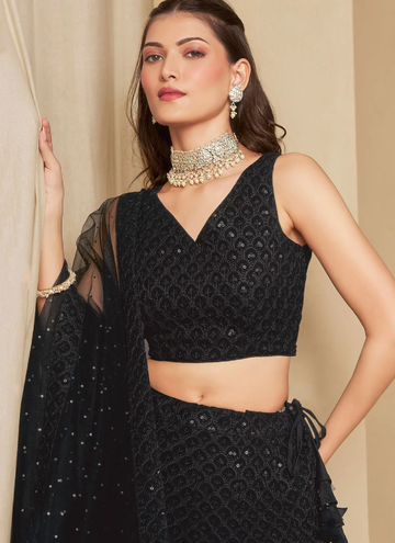 Trendy Black Georgette Lehenga embellished with sequin and thread embroidery work.